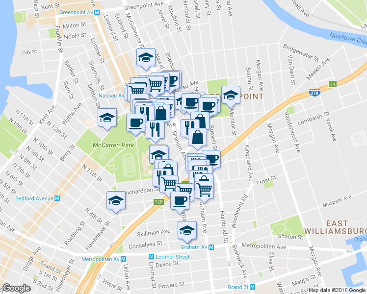map of restaurants, bars, coffee shops, grocery stores, and more near 132 Newton Street in Brooklyn