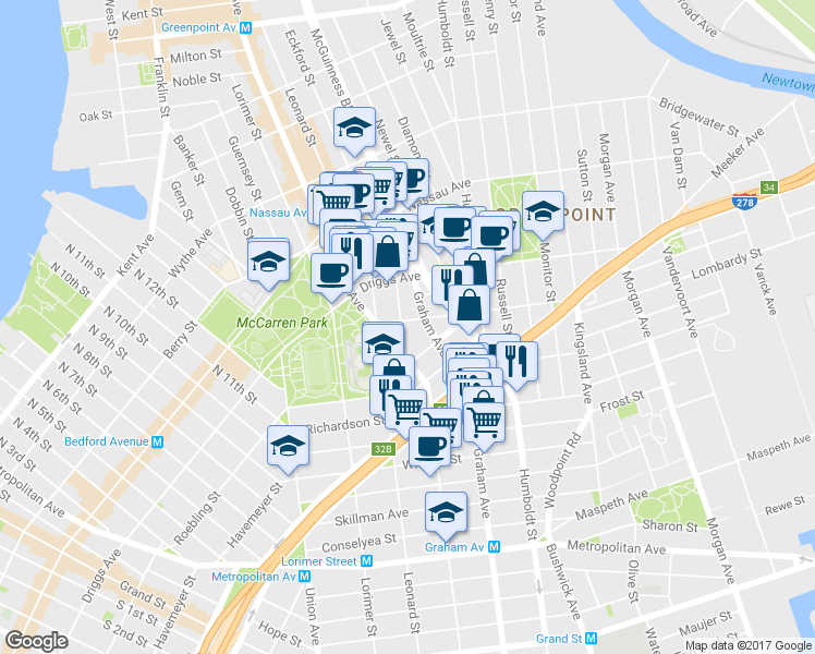 map of restaurants, bars, coffee shops, grocery stores, and more near 132 Newton Street in Brooklyn