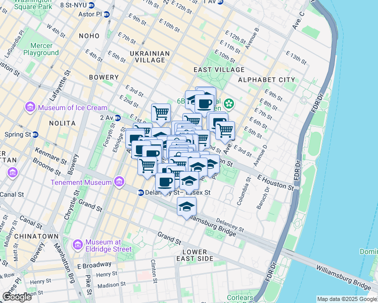map of restaurants, bars, coffee shops, grocery stores, and more near 25 Clinton Street in New York