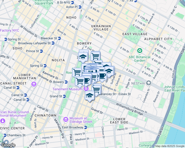 map of restaurants, bars, coffee shops, grocery stores, and more near 143 Ludlow Street in New York