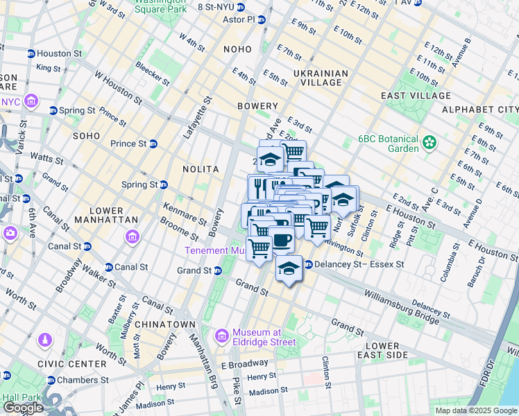 map of restaurants, bars, coffee shops, grocery stores, and more near 184 Eldridge Street in New York
