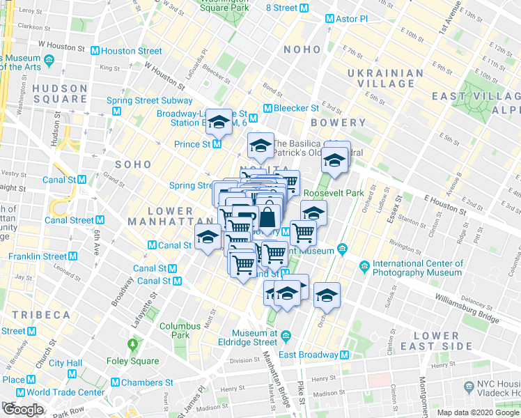 map of restaurants, bars, coffee shops, grocery stores, and more near 146 Elizabeth Street in New York