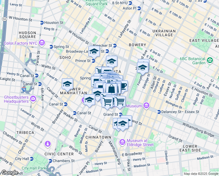 map of restaurants, bars, coffee shops, grocery stores, and more near 146 Elizabeth Street in New York