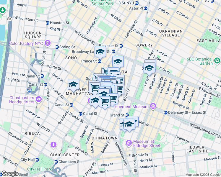 map of restaurants, bars, coffee shops, grocery stores, and more near 384 Broome Street in New York