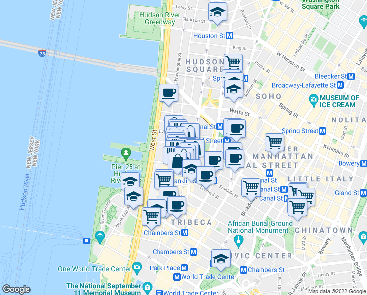 map of restaurants, bars, coffee shops, grocery stores, and more near 393 Greenwich Street in New York
