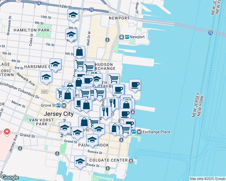 map of restaurants, bars, coffee shops, grocery stores, and more near 80 Bay Street in Jersey City