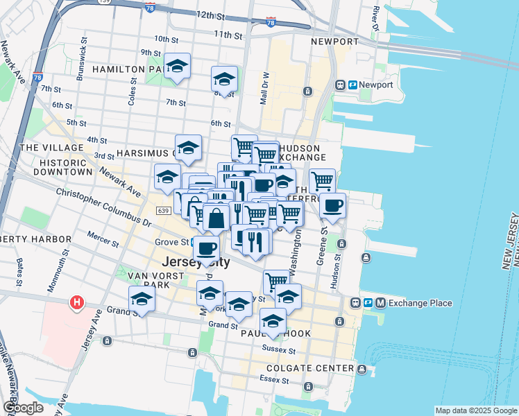 map of restaurants, bars, coffee shops, grocery stores, and more near 124 Bay Street in Jersey City