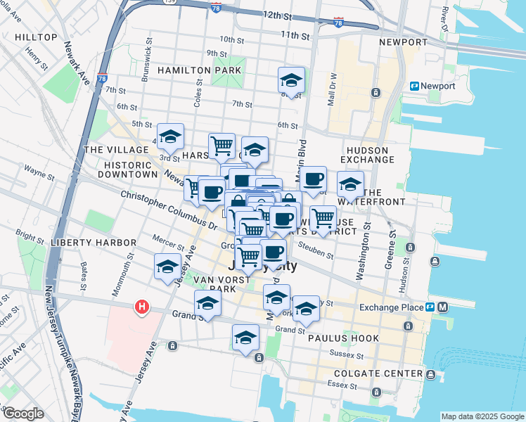 map of restaurants, bars, coffee shops, grocery stores, and more near in Jersey City