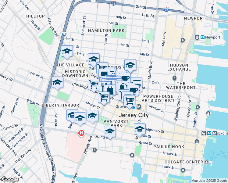 map of restaurants, bars, coffee shops, grocery stores, and more near 524 Jersey Avenue in Jersey City