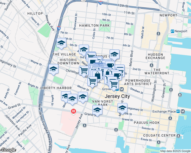 map of restaurants, bars, coffee shops, grocery stores, and more near 166 Christopher Columbus Drive in Jersey City