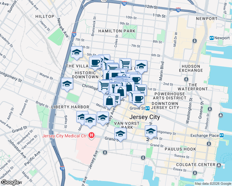 map of restaurants, bars, coffee shops, grocery stores, and more near 116 Wayne Street in Jersey City