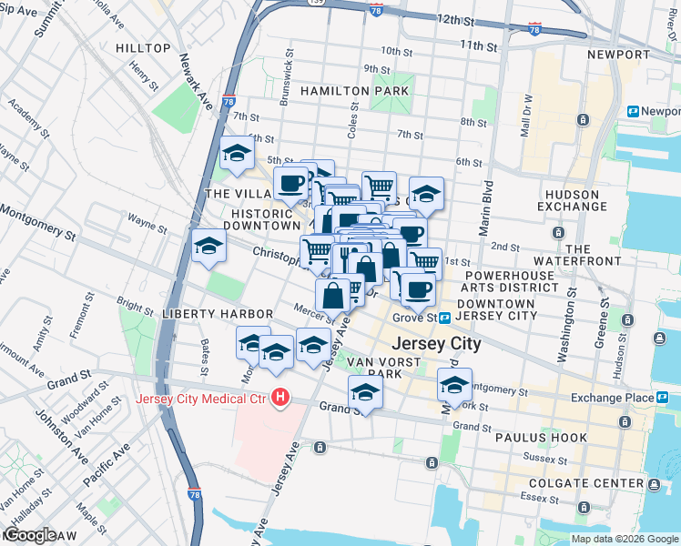 map of restaurants, bars, coffee shops, grocery stores, and more near 116 Wayne Street in Jersey City