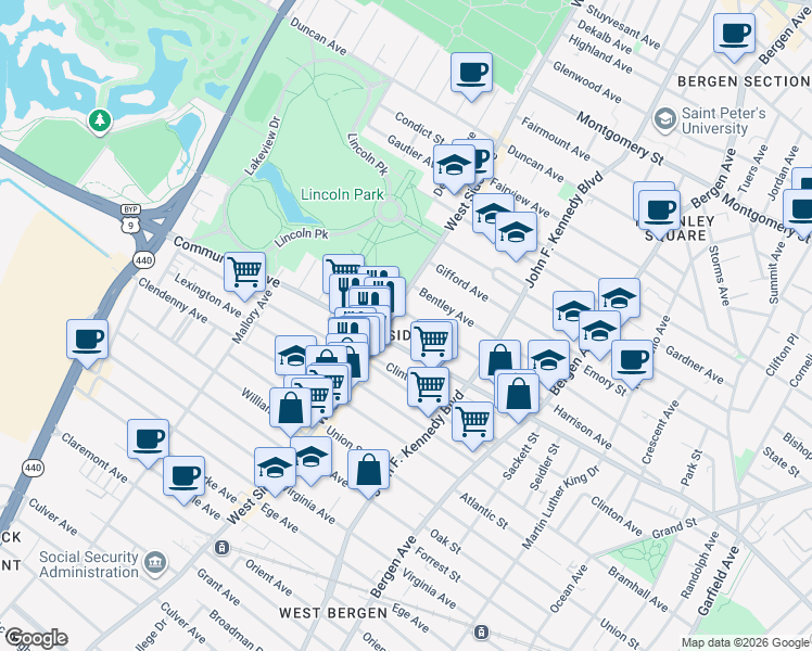 map of restaurants, bars, coffee shops, grocery stores, and more near 785 Communipaw Avenue in Jersey City