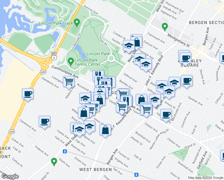 map of restaurants, bars, coffee shops, grocery stores, and more near 785 Communipaw Avenue in Jersey City