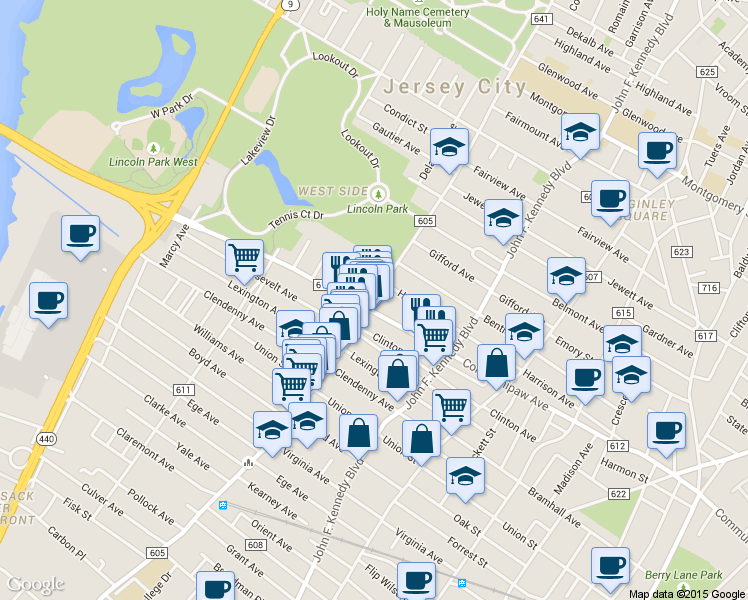 map of restaurants, bars, coffee shops, grocery stores, and more near 785 Communipaw Avenue in Jersey City