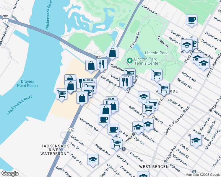 map of restaurants, bars, coffee shops, grocery stores, and more near 131 Williams Avenue in Jersey City