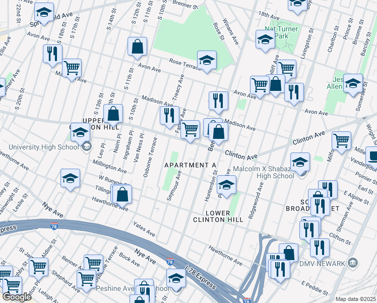 map of restaurants, bars, coffee shops, grocery stores, and more near 165 Chadwick Avenue in Newark