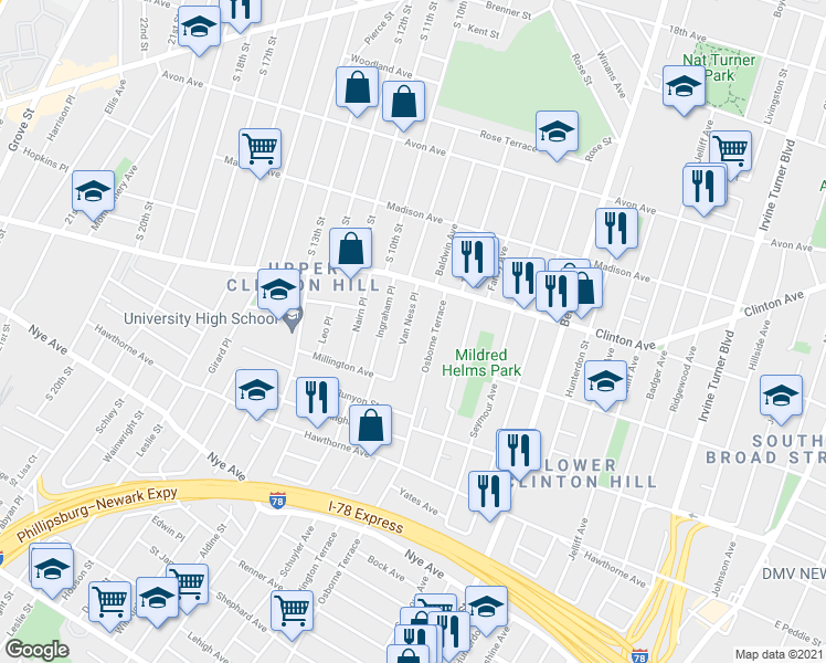 map of restaurants, bars, coffee shops, grocery stores, and more near 60-62 Van Ness Place in Newark