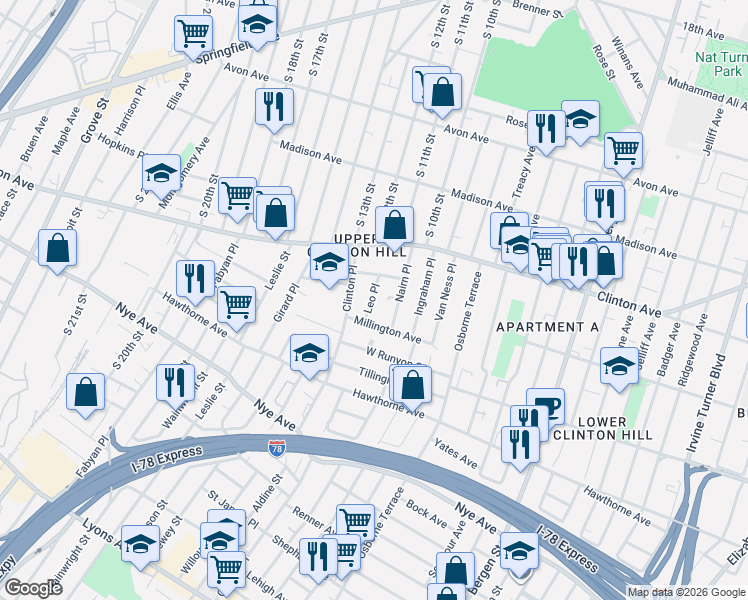 map of restaurants, bars, coffee shops, grocery stores, and more near 59 Millington Avenue in Newark