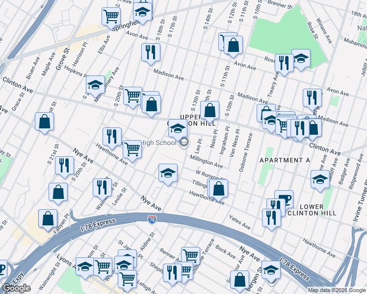 map of restaurants, bars, coffee shops, grocery stores, and more near 5 White Terrace in Newark