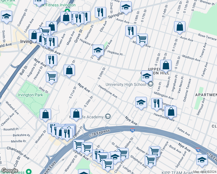 map of restaurants, bars, coffee shops, grocery stores, and more near 554 Hawthorne Avenue in Newark