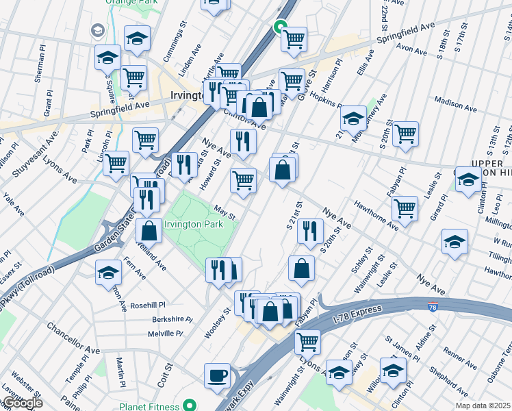 map of restaurants, bars, coffee shops, grocery stores, and more near 120 Coit Street in Irvington