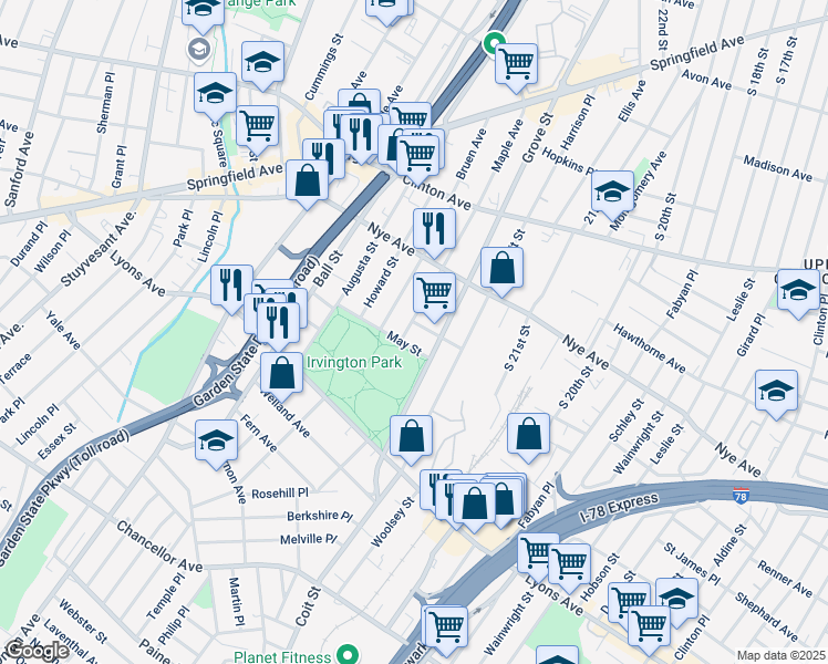 map of restaurants, bars, coffee shops, grocery stores, and more near 3 May Street in Irvington