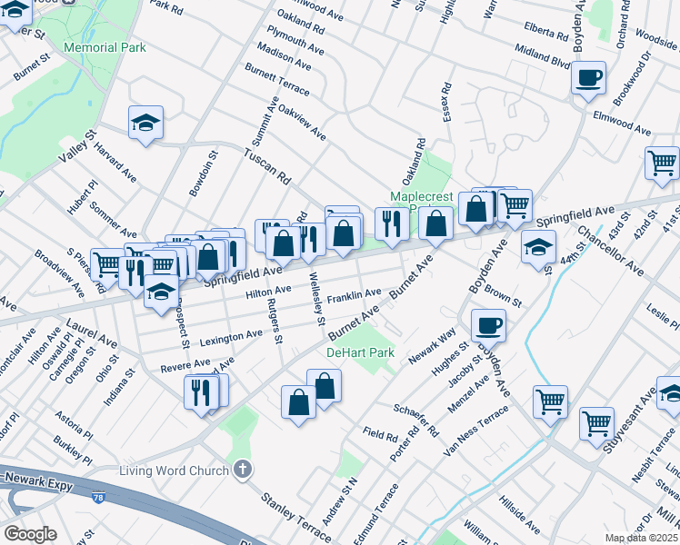 map of restaurants, bars, coffee shops, grocery stores, and more near 52 Franklin Avenue in Maplewood