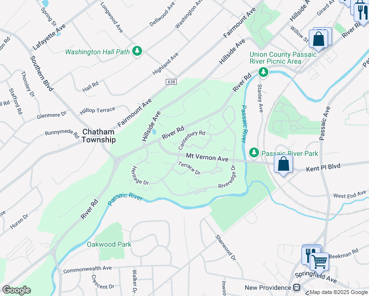 map of restaurants, bars, coffee shops, grocery stores, and more near 1B Terrace Drive in Chatham Township