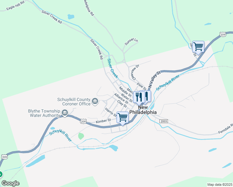 map of restaurants, bars, coffee shops, grocery stores, and more near 62 Clay Street in New Philadelphia