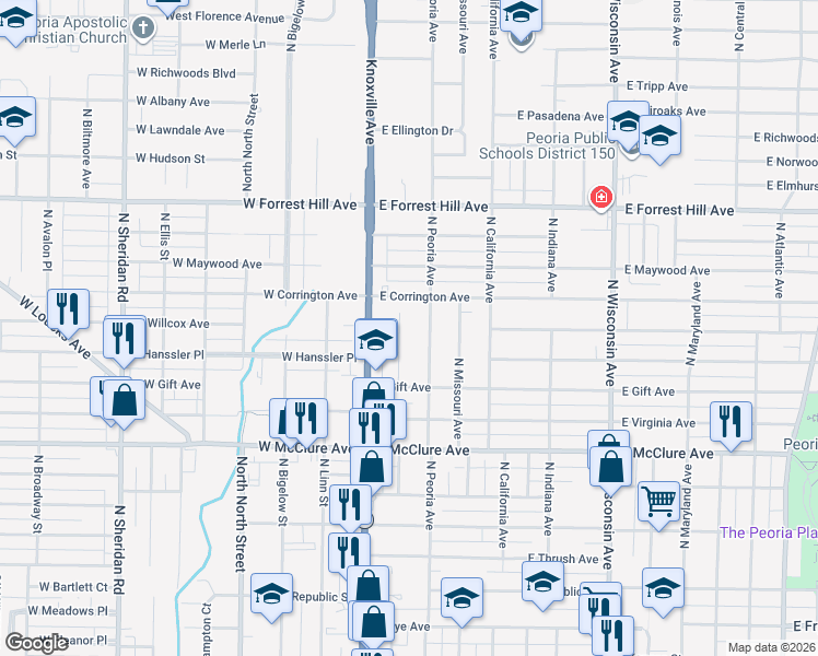map of restaurants, bars, coffee shops, grocery stores, and more near 2704 N Dechman Ave in Peoria