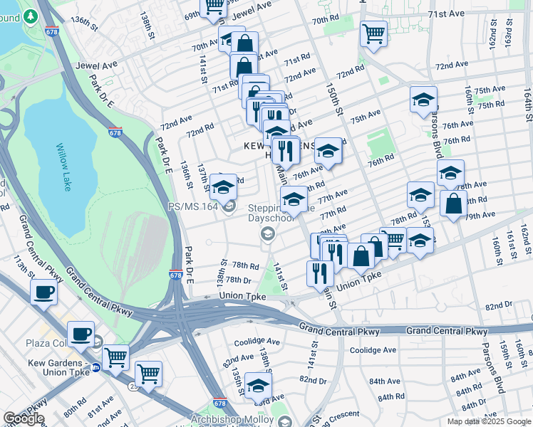 map of restaurants, bars, coffee shops, grocery stores, and more near 141-12 77th Avenue in Queens