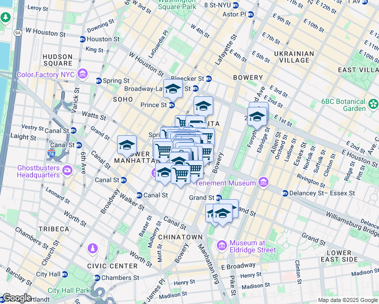 map of restaurants, bars, coffee shops, grocery stores, and more near 384 Broome Street in New York