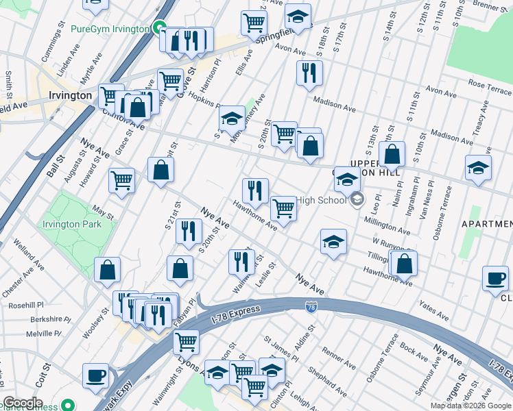 map of restaurants, bars, coffee shops, grocery stores, and more near 554 Hawthorne Avenue in Newark