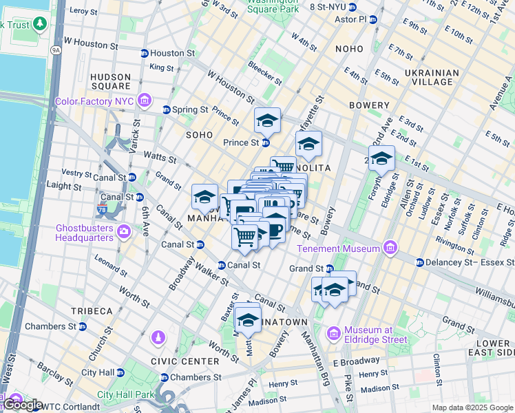 map of restaurants, bars, coffee shops, grocery stores, and more near 418 Broome Street in New York