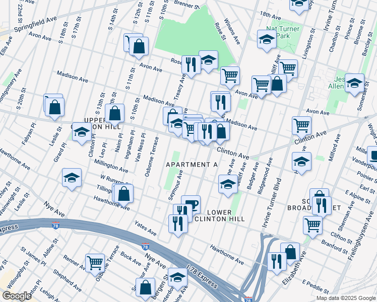 map of restaurants, bars, coffee shops, grocery stores, and more near 116 Seymour Avenue in Newark