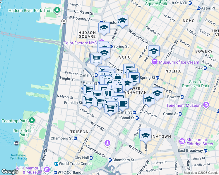 map of restaurants, bars, coffee shops, grocery stores, and more near in New York