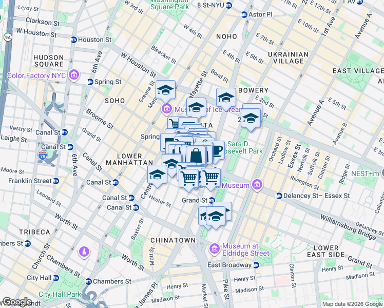 map of restaurants, bars, coffee shops, grocery stores, and more near 200 Mott Street in New York