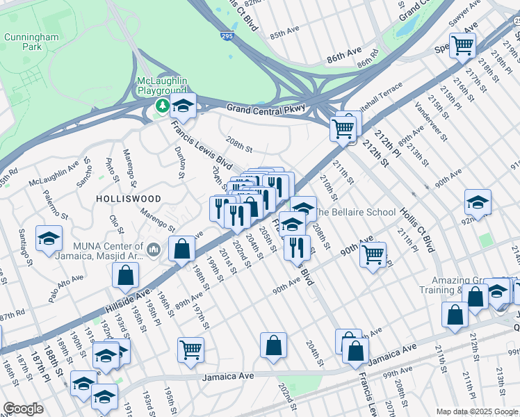 map of restaurants, bars, coffee shops, grocery stores, and more near 88-14 Francis Lewis Boulevard in Queens