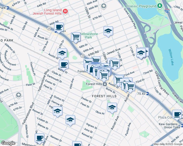 map of restaurants, bars, coffee shops, grocery stores, and more near 70-20 Austin Street in Queens