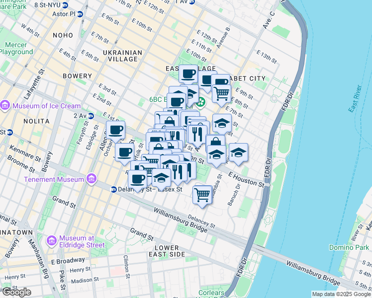 map of restaurants, bars, coffee shops, grocery stores, and more near 135 Pitt Street in New York