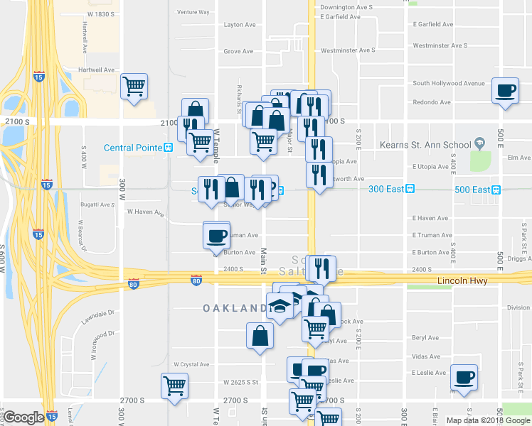 map of restaurants, bars, coffee shops, grocery stores, and more near 2285 South Main Street in Salt Lake City