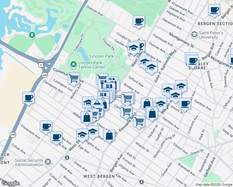 map of restaurants, bars, coffee shops, grocery stores, and more near 594 West Side Avenue in Jersey City