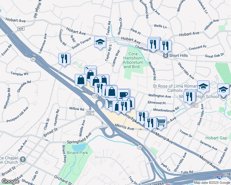 map of restaurants, bars, coffee shops, grocery stores, and more near 16 Mount Ararat Road in Millburn