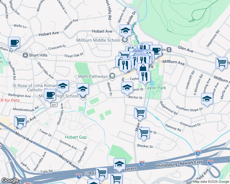 map of restaurants, bars, coffee shops, grocery stores, and more near 92 Rector Street in Millburn