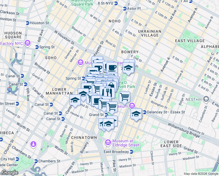 map of restaurants, bars, coffee shops, grocery stores, and more near 5 Rivington Street in New York