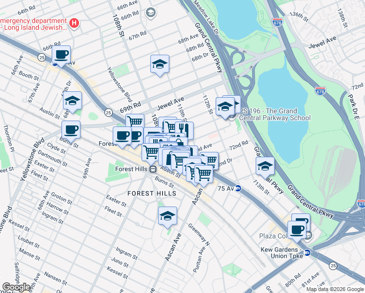 map of restaurants, bars, coffee shops, grocery stores, and more near 109-20 71st Road in Queens