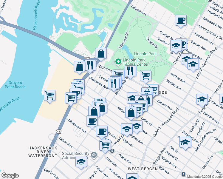 map of restaurants, bars, coffee shops, grocery stores, and more near 12 Miller Street in Jersey City