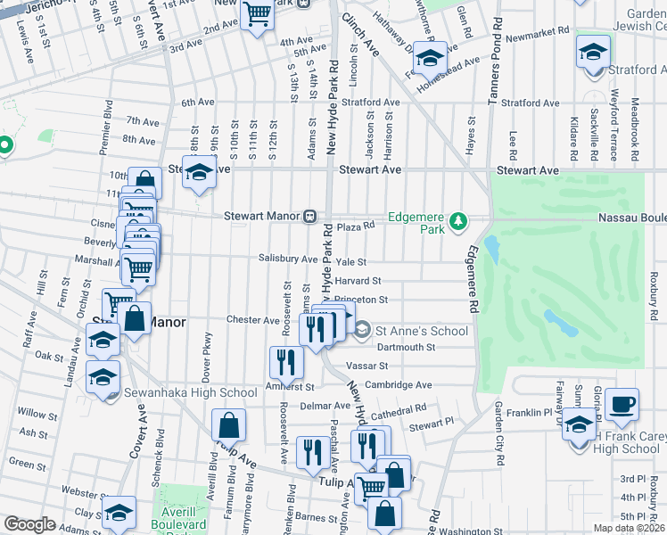 map of restaurants, bars, coffee shops, grocery stores, and more near 6 Harvard Street in Garden City
