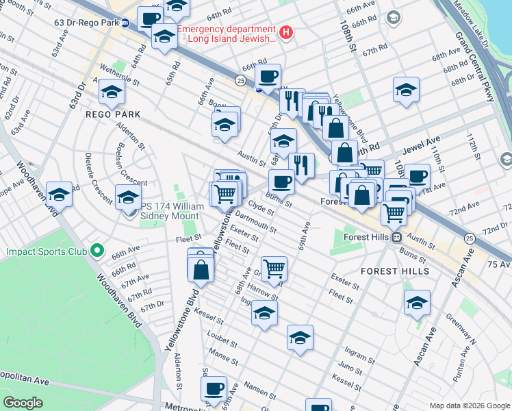 map of restaurants, bars, coffee shops, grocery stores, and more near 67-96 Dartmouth Street in Queens